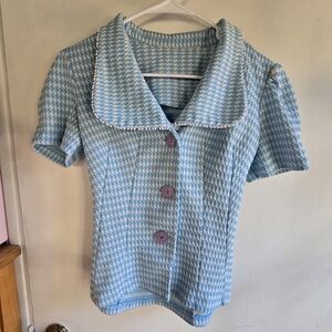 Vintage Blue and White Houndstooth Button-Up Blouse